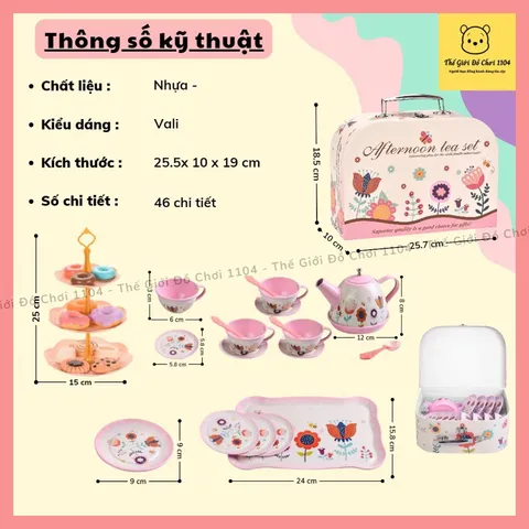 Bộ Đồ Chơi Tiệc Trà Bánh Họa Tiết Hoa 46 Chi Tiết - Vali Trà Kèm Tháp Bánh An Toàn Cho Bé Từ 2 Tuổi