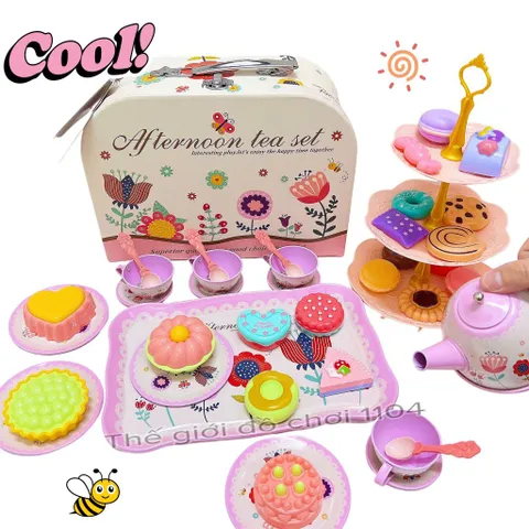 Bộ Đồ Chơi Tiệc Trà Bánh Họa Tiết Hoa 46 Chi Tiết - Vali Trà Kèm Tháp Bánh An Toàn Cho Bé Từ 2 Tuổi