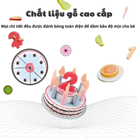 Đồ Chơi Bánh Sinh Nhật Bằng Gỗ - Bộ Cắt Bánh Kem An Toàn Cho Bé Từ 1-5 Tuổi - Đồ Chơi Phát Triển Kỹ Năng Sáng Tạo