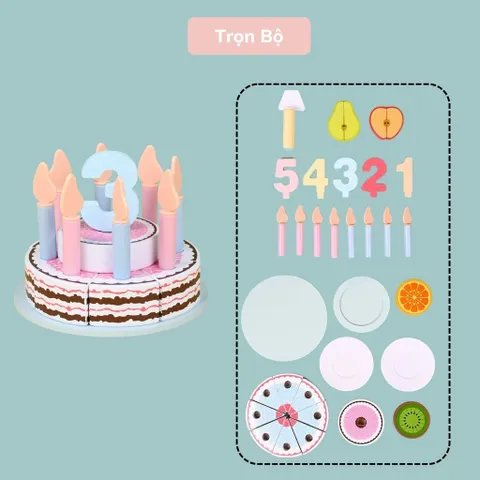 Đồ Chơi Bánh Sinh Nhật Bằng Gỗ - Bộ Cắt Bánh Kem An Toàn Cho Bé Từ 1-5 Tuổi - Đồ Chơi Phát Triển Kỹ Năng Sáng Tạo