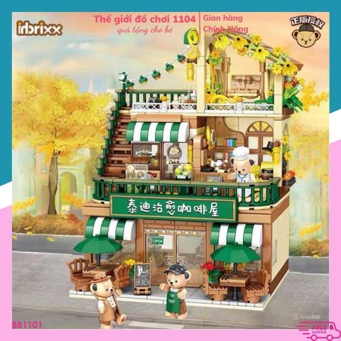 Đồ chơi lắp ráp mô hình quán cà phê kèm 3 gấu Teddy của Inbrixx chính hãng 1138 mảnh ghép (Hộp Đẹp)