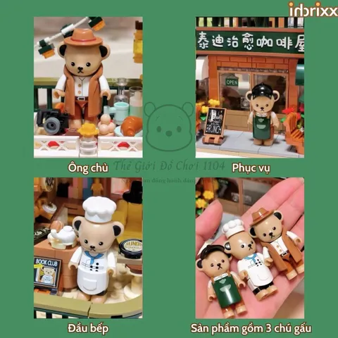 Đồ chơi lắp ráp mô hình quán cà phê kèm 3 gấu Teddy của Inbrixx chính hãng 1138 mảnh ghép (Hộp Đẹp)