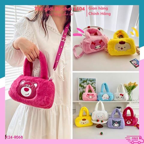 Túi Đeo Chéo Hoạt Hình Gấu Dâu, Kuromi, Hello Kitty, Capybara Lông Mềm - Giỏ Xách Dễ Thương Hình Chữ Nhật 20-25cm