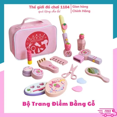 Bộ túi trang điểm cho bé bằng gỗ 13 món, họa tiết dâu tây xinh xắn