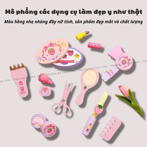 Bộ túi trang điểm cho bé bằng gỗ 13 món, họa tiết dâu tây xinh xắn
