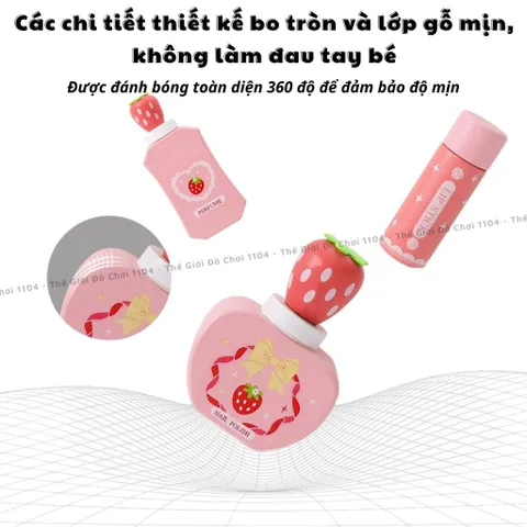 Bộ túi trang điểm cho bé bằng gỗ 13 món, họa tiết dâu tây xinh xắn