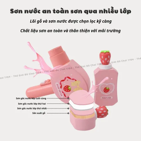 Bộ túi trang điểm cho bé bằng gỗ 13 món, họa tiết dâu tây xinh xắn