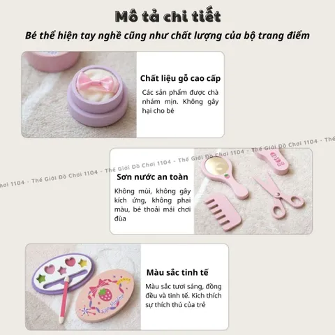 Bộ túi trang điểm cho bé bằng gỗ 13 món, họa tiết dâu tây xinh xắn