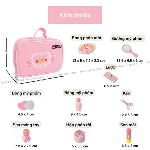 Bộ túi trang điểm cho bé bằng gỗ 13 món, họa tiết dâu tây xinh xắn