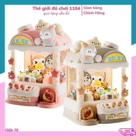 Máy gắp thú bông chim cánh cụt dễ thương, có thời gian/nhạc/đèn tặng gấu mini, trò chơi gắp thú