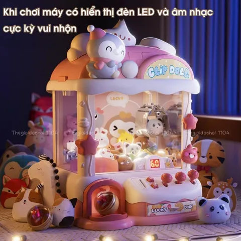 Máy gắp thú bông chim cánh cụt dễ thương, có thời gian/nhạc/đèn tặng gấu mini, trò chơi gắp thú