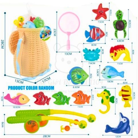 Đồ Chơi Câu Cá Kèm Giỏ Đựng - Bộ 14 Chi Tiết Với 2 Cần Câu Nam Châm Cho Trẻ Em - Trò Chơi Giải Trí Học Tập