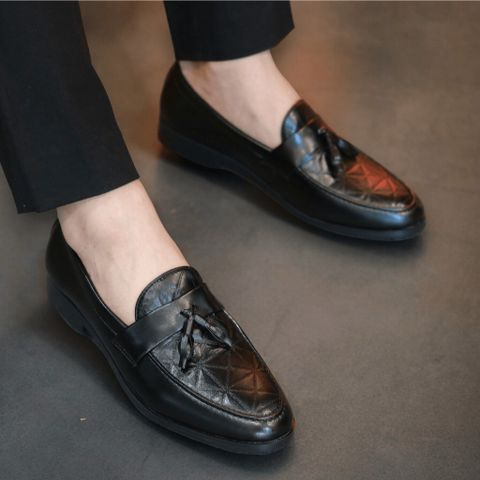 Giày Lười Nam Công Sở Da Mềm Dập Vân 3D - Giày Tây Cao Cấp Trang Trí Băng Chuông Dễ Phối Đồ, Đế Khâu Chắc Chắn