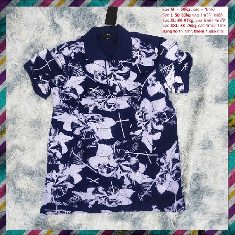 Áo Thun Polo Nam Cộc Tay Họa Tiết Phối Hoa - Màu Xanh Than, Vải Cotton Co Giãn 4 Chiều, Chất Mềm, Thanh Lịch