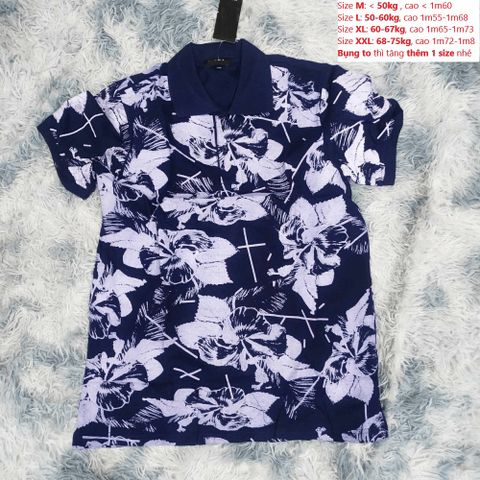 Áo Thun Polo Nam Cộc Tay Họa Tiết Phối Hoa - Màu Xanh Than, Vải Cotton Co Giãn 4 Chiều, Chất Mềm, Thanh Lịch