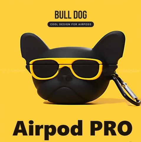 Vỏ Bọc Đựng Tai Nghe Airpods 1 2 Pro Chó Bull Kính Vàng Kèm Móc Khóa - Hàng Chất Lượng Cao, Siêu Đẹp