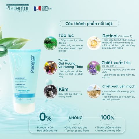 Gel Rửa Mặt Placentor Cleansing 150ml - Sạch Sâu, Dịu Nhẹ Cho Mọi Loại Da, Tinh Dầu Oải Hương & Hương Thảo, Không Chứa Xà Phòng
