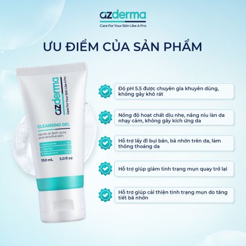 Gel Rửa Mặt Azderma - Sữa Rửa Mặt Dịu Nhẹ Làm Sạch Sâu, Giảm Nhờn và Hỗ Trợ Giảm Mụn Cho Da Khỏe Mạnh 150ml