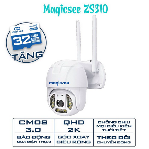 Camera Giám Sát Ngoài Trời Không Dây Wifi Magicsee ZS310 - Độ Phân Giải 2K, Tặng Kèm Thẻ Nhớ 32GB/64GB, Chống Nước IP68