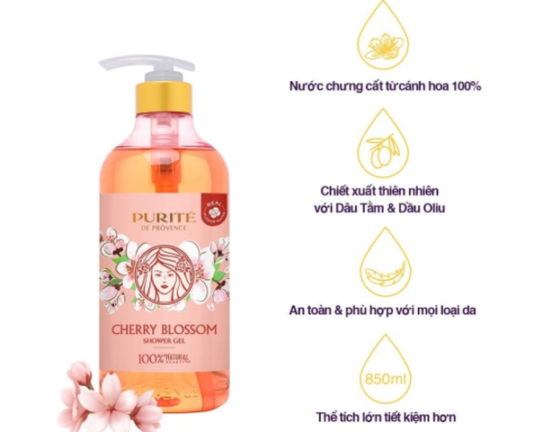 Sữa Tắm Purité Hương Hoa Anh Đào 850ml - Dưỡng Mịn Da, Cấp Ẩm, Hương Thơm Thư Giãn, Phù Hợp Cho Mọi Loại Da
