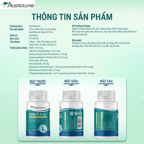 Viên Uống Vitamin B Tổng Hợp AusNatures Super B Plus - Giảm Căng Thẳng, Tăng Cường Năng Lượng, Hỗ Trợ Hệ Thần Kinh - Lọ 60 Viên