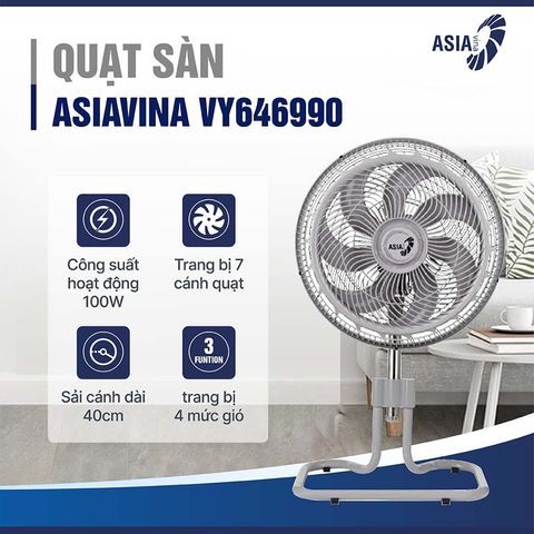 Quạt Sàn ASIA Turbo Max VY646990 - Quạt đứng 55W Điều Chỉnh 3 Tốc Độ, Thiết Kế Nhỏ Gọn Cho Không Gian Hiện Đại