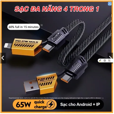 Cáp Sạc Nhanh 4 in 1 Vàng Đen 65W Đa Năng Cổng C-L, C-C, USB-C, USB-L - Tiện Lợi Cho Điện Thoại Và Thiết Bị Điện Tử