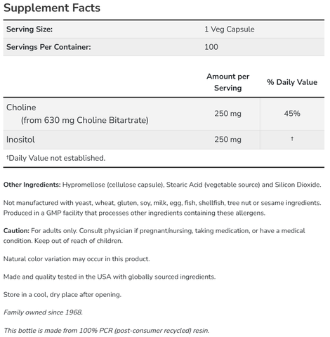 Viên Uống NOW Foods Choline & Inositol 100 Viên - Hỗ Trợ Sức Khỏe Não Bộ, Tăng Cường Trí Nhớ và Điều Hòa Tâm Trạng