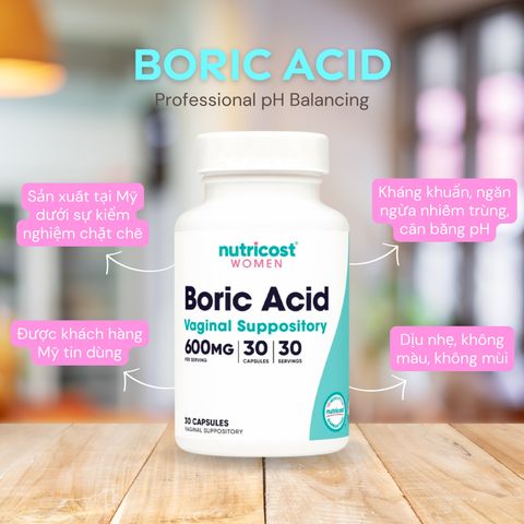 Viên Đặt Nutricost Boric Acid 600mg - 30 viên Nhộng Hỗ trợ Vệ Sinh Phụ Nữ và Cân Bằng pH, Mỹ