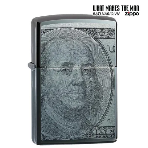Bật Lửa Zippo 49025 - Thiết Kế Tờ 100 USD Màu Đen Bóng Black Ice - Chính Hãng, Chống Gió, Hộp Quà Tặng