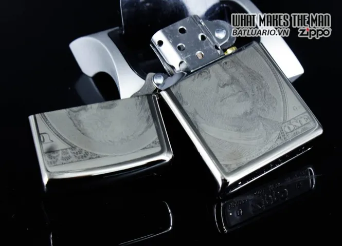 Bật Lửa Zippo 49025 - Thiết Kế Tờ 100 USD Màu Đen Bóng Black Ice - Chính Hãng, Chống Gió, Hộp Quà Tặng