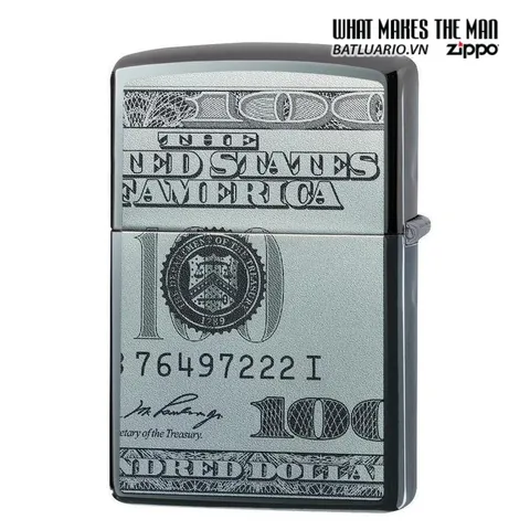 Bật Lửa Zippo 49025 - Thiết Kế Tờ 100 USD Màu Đen Bóng Black Ice - Chính Hãng, Chống Gió, Hộp Quà Tặng