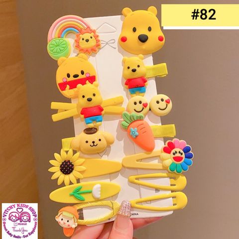 Set 14 kẹp tóc bé gái màu vàng họa tiết hoạt hình đáng yêu