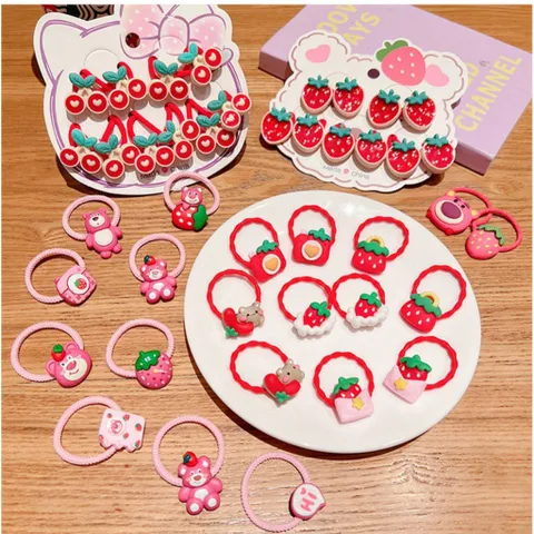 Dây Buộc Tóc Dành Cho Bé Gái Set 10 Cột Tóc Cao Su Họa Tiết Gấu Lốt Và Dâu Tây Dễ Thương