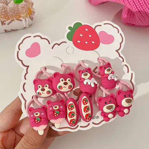 Dây Buộc Tóc Dành Cho Bé Gái Set 10 Cột Tóc Cao Su Họa Tiết Gấu Lốt Và Dâu Tây Dễ Thương