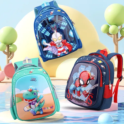 Balo cho bé đi mẫu giáo 3-5 tuổi mặt nhựa cứng in nổi 3D hình Người Nhện Siêu Nhân Khủng Long