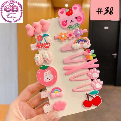 Kẹp tóc cho bé gái màu hồng họa tiết hoạt hình đáng yêu Hàn Quốc - Set 14