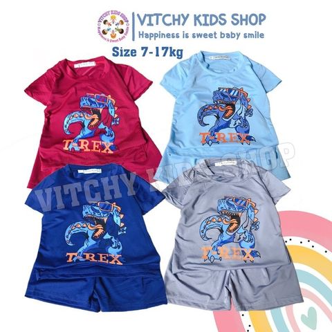 Bộ quần áo thun mềm co giãn 4 chiều họa tiết Khủng long T-Rex nhiều màu tay ngắn cho bé