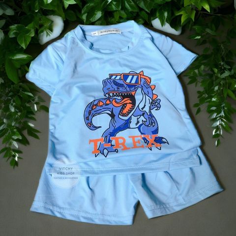 Bộ quần áo thun mềm co giãn 4 chiều họa tiết Khủng long T-Rex nhiều màu tay ngắn cho bé