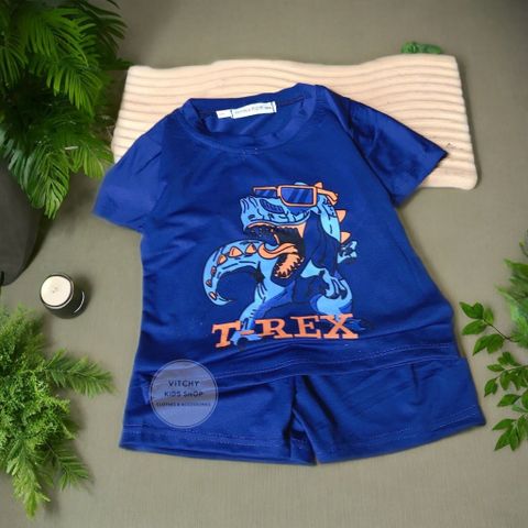 Bộ quần áo thun mềm co giãn 4 chiều họa tiết Khủng long T-Rex nhiều màu tay ngắn cho bé