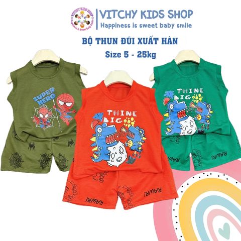Bộ sát nách bé trai, bộ quần áo hoạ tiết Khủng Long Người Nhện chất đũi mát cho bé 7kg đến 16kg