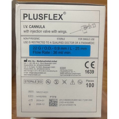Kim Luồn Tĩnh Mạch PLUSFLEX 22G - Hộp 100 Cái, Sắc Nhọn, Siêu Mỏng, Dễ Tiêm - Thiết Bị Y Tế Chất Lượng Cao