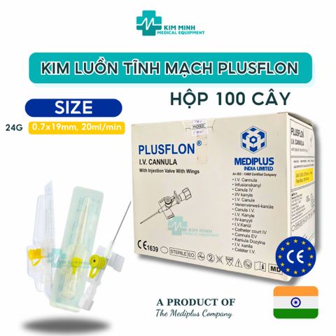 Kim Luồn Tĩnh Mạch Plusflex 24G - An Toàn, Chính Xác cho Truyền Dịch và Thuốc - 10 Kim/Hộp hoặc 100 Kim/Hộp