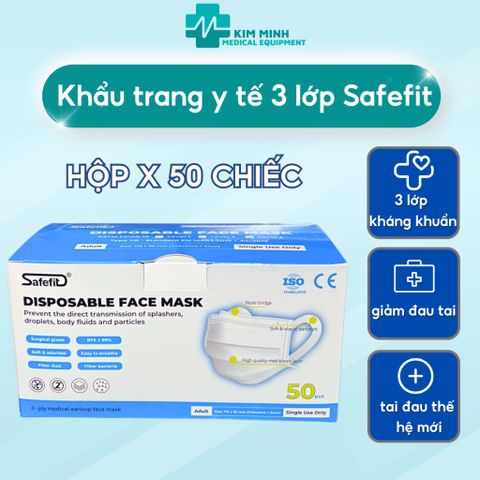 Khẩu Trang Y Tế Safefit 3 Lớp - Hộp 50 Chiếc Màu Xanh/Trắng, Quai Vải Mềm Không Đau Tai, Bảo Vệ Khuẩn và Bụi