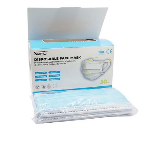 Khẩu Trang Y Tế Safefit 3 Lớp - Hộp 50 Chiếc Màu Xanh/Trắng, Quai Vải Mềm Không Đau Tai, Bảo Vệ Khuẩn và Bụi