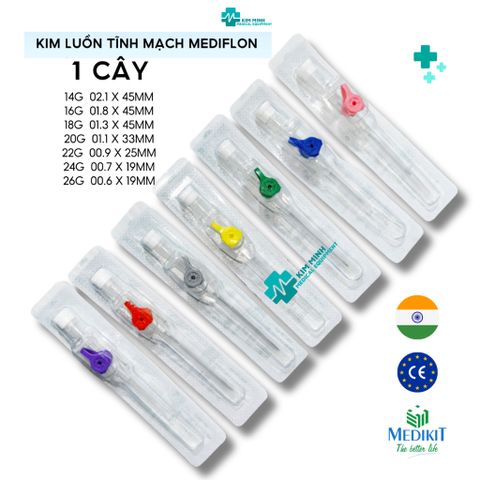Kim Luồn Tĩnh Mạch Medikit Mediflon - Catheter Tiêm Truyền Tĩnh Mạch Hàng Ấn Độ, Nhiều Kích Cỡ, Dễ Dàng Sử Dụng