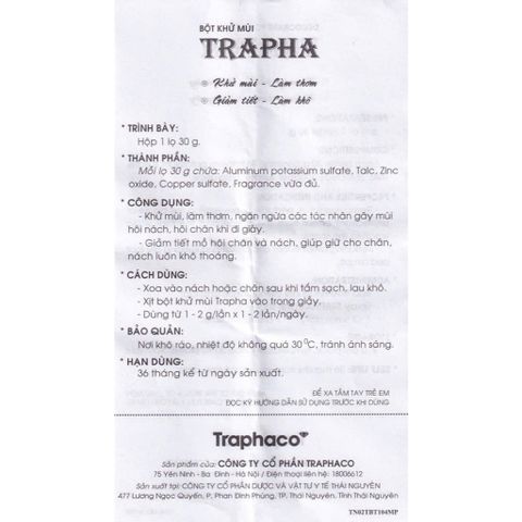 Bột và Xịt Khử Mùi Trapha - Ngăn Tiết Mồ Hôi Chân, Nách, Giữ Khô Thoáng, Thơm Mát - Sản Phẩm Việt Nam Chất Lượng