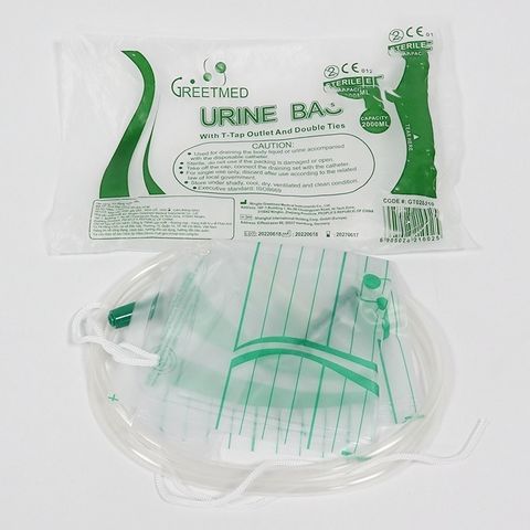 Lốc 10 Túi Đựng Nước Tiểu Greetmed Van T Có Dây Cột, Dung Tích 2000ml, Tiện Dụng Cho Bệnh Nhân Sử Dụng Dài Hạn