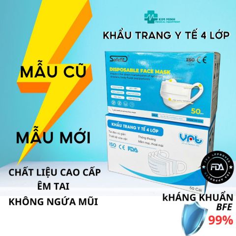 Khẩu Trang 4 Lớp Cao Cấp VRT - Quai Vải Mềm Dịu Dễ Chịu, Không Gây Đau Tai - Hộp 50 Chiếc Chất Lượng Cao