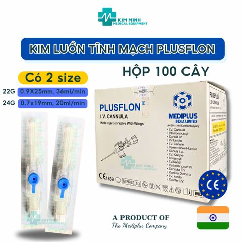 Hộp 100 cây kim luồn tĩnh mạch Mediplus Plusflon 20G, 22G, 24G - Kim chất lượng cao nhập khẩu Ấn Độ cho thủ thuật y tế an toàn